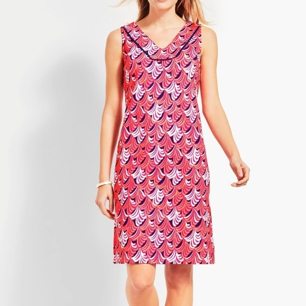 Talbots Whimsical Waves Sleeveless Shift Dress Size L Pink Cotton